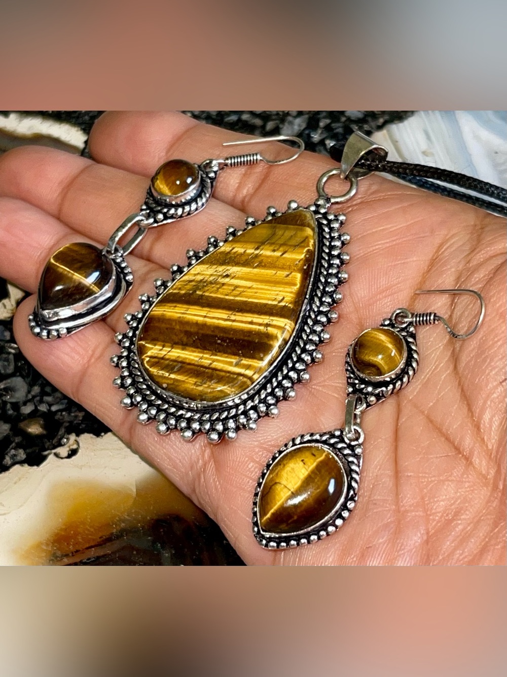 Golden Yellow Tiger Eye Pendant & Earrings